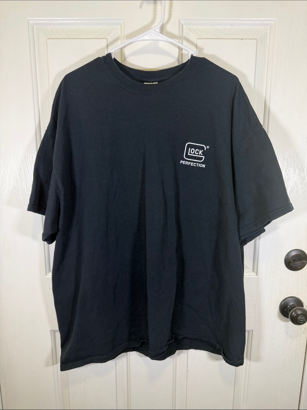 Black Short Sleeve Tee with White 'Glock Perfection' Logo Gunny Ermey